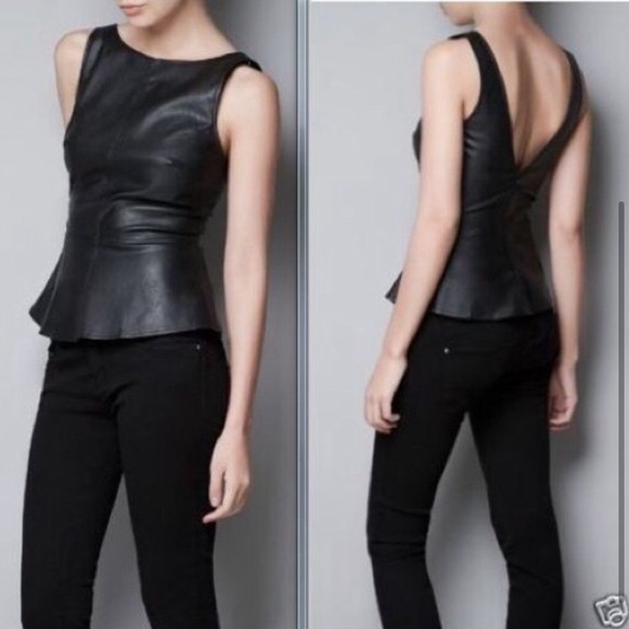 Zara Tops - zara trafaluc Black Vegan Leather Peplum Tank NWT